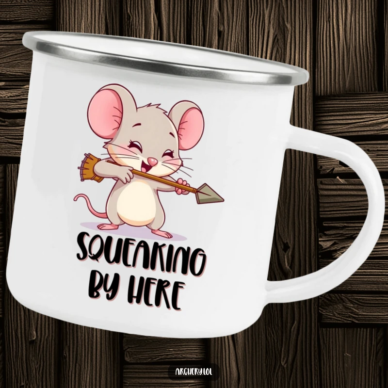 Funny mouse camping mug, a brave archer mouse expending exaggerated effort to shoot an arrow, ready for outdoor adventures.