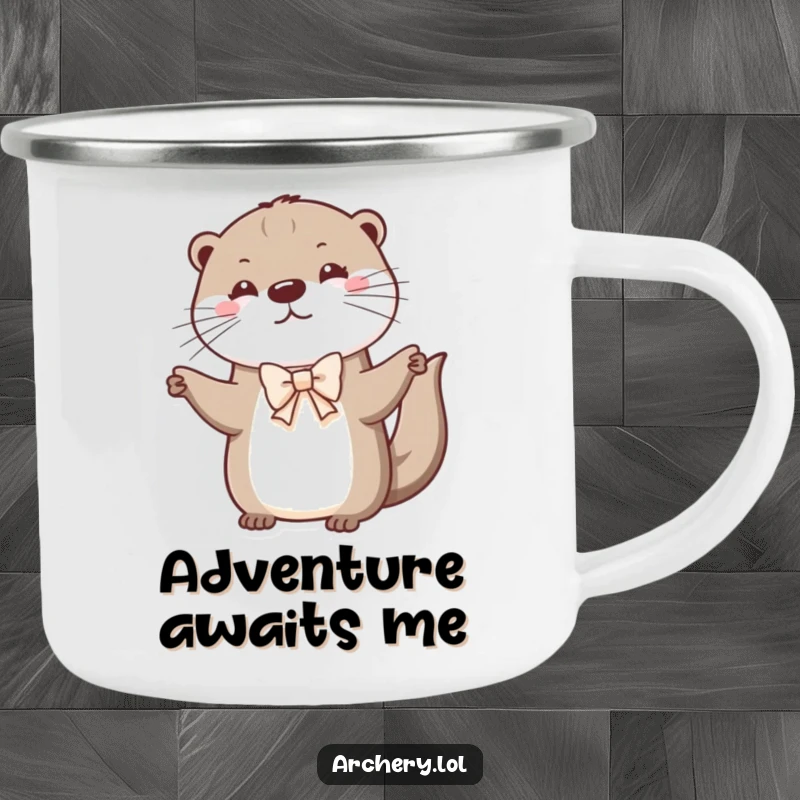 Funny otter camping mug with a playful otter drawing a miniature bow, designed for outdoor adventures and humorous enjoyment.