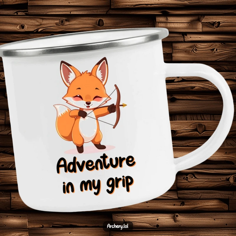Funny playful fox camping mug, twirling a bow and arrow, perfect for outdoor adventures.