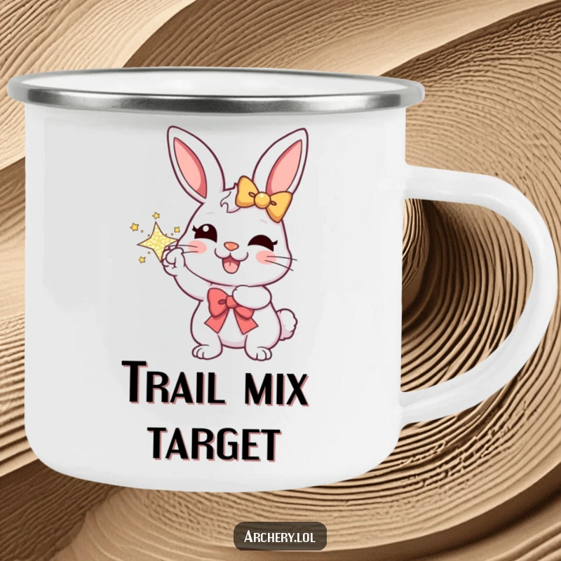 Funny camping mug with a cheerful rabbit aiming a sparkly bow, perfect for enjoying beverages on outdoor adventures with a smile.