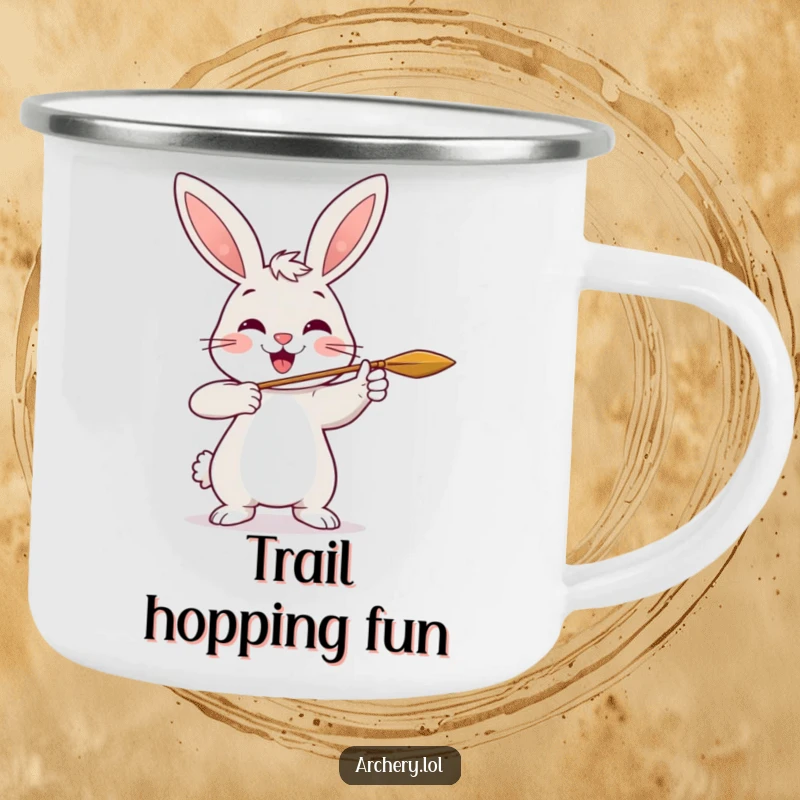 Funny Rabbit Archer Camping Mug: A cheerful rabbit smiles while shooting an arrow, perfect for enjoying drinks outdoors.