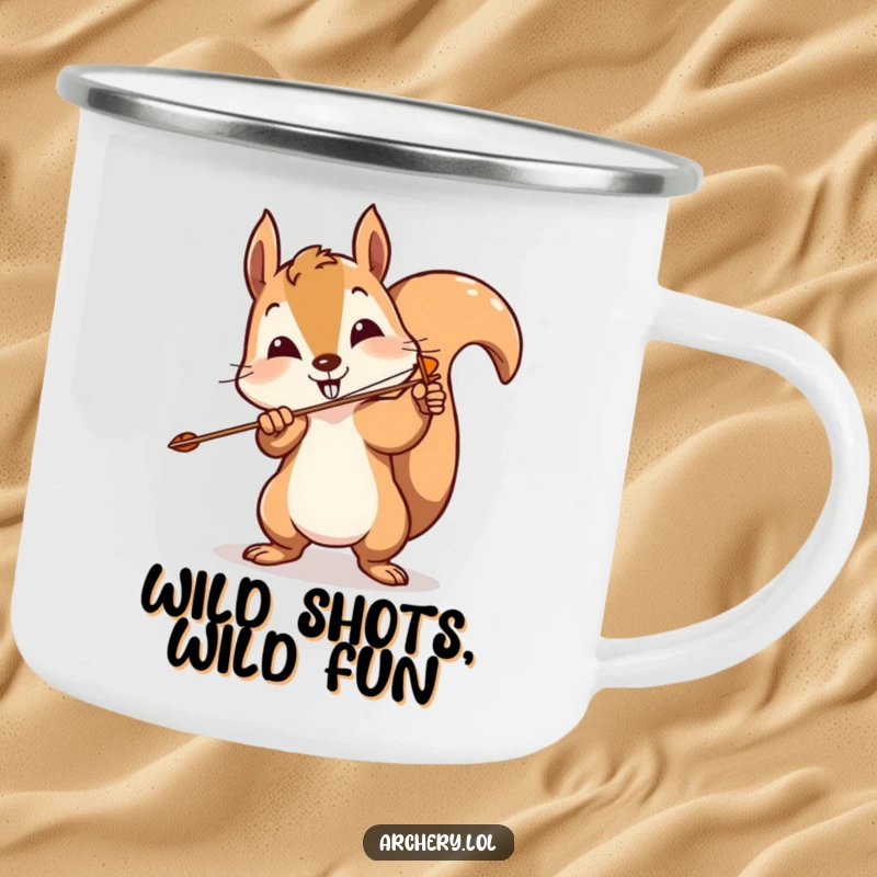 Funny squirrel archer camping mug with a playful squirrel comically missing the target, perfect for outdoor humor.