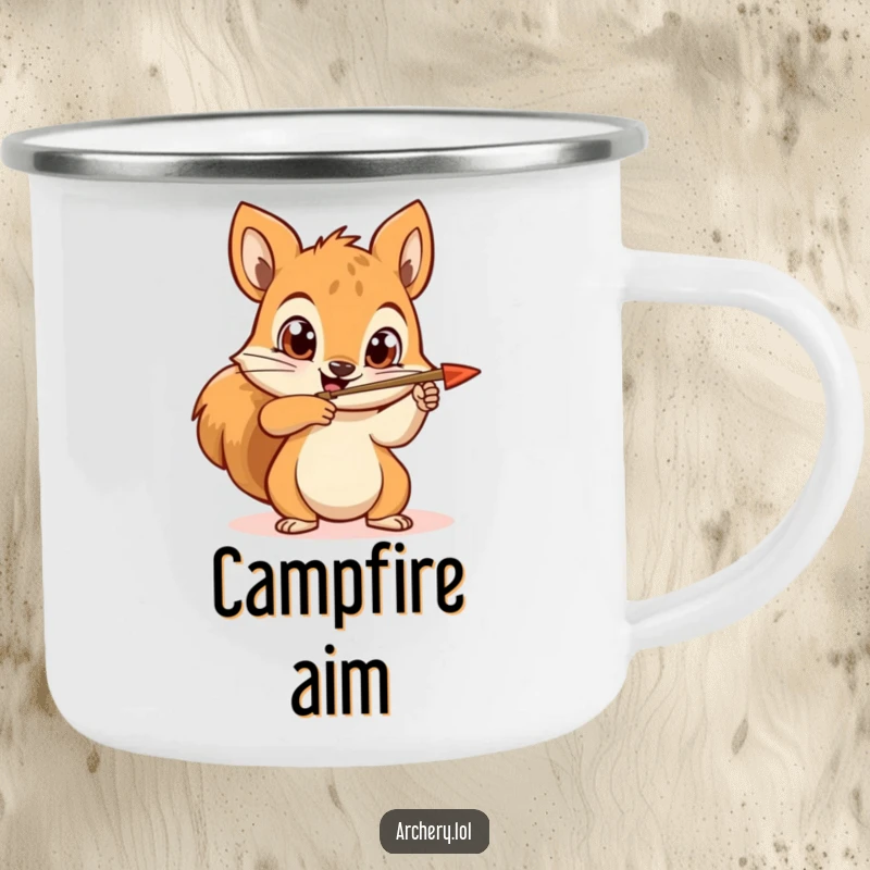 Funny squirrel archer camping mug with a happy squirrel aiming an arrow and determined eyes, designed for outdoor use.