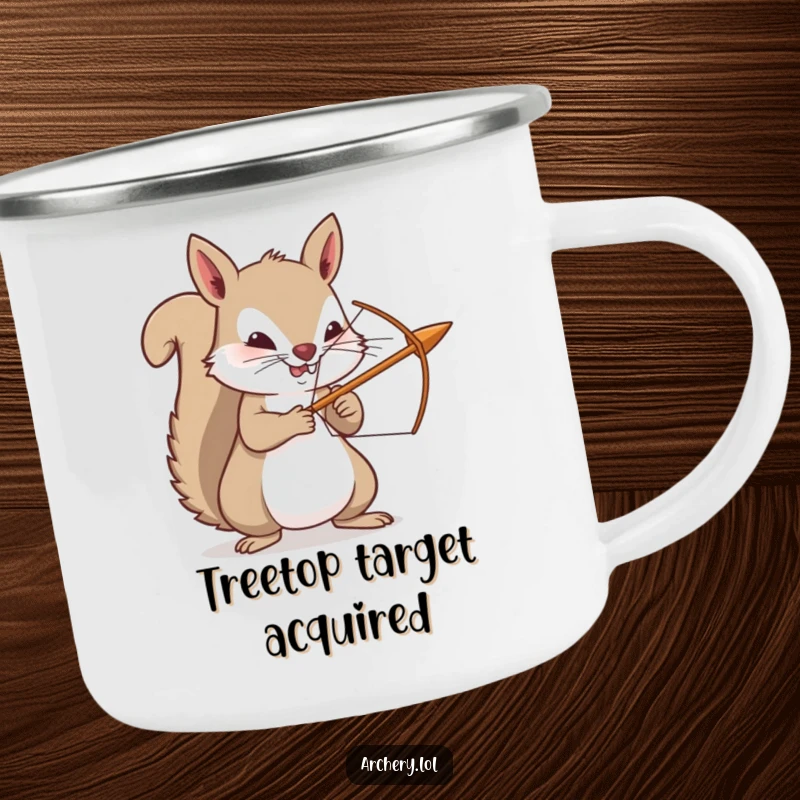 Funny squirrel camping mug, a determined archer squirrel with a tiny bow and arrow, ready for campfire stories and coffee.