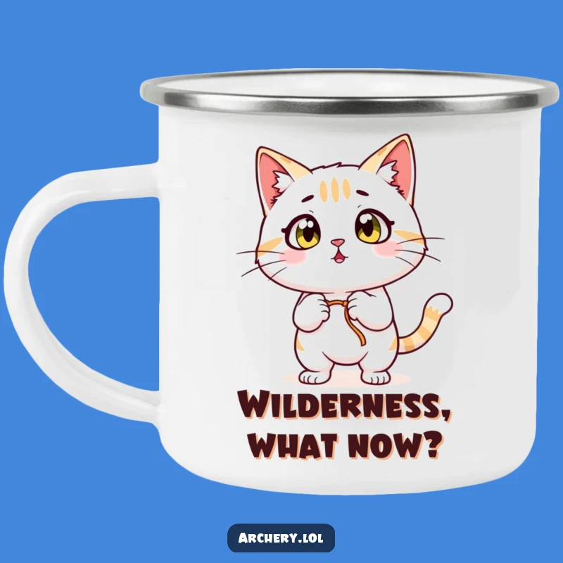 Funny Surprised Cat Camping Mug: Wide-Eyed Archer Feline, Adventure Gift