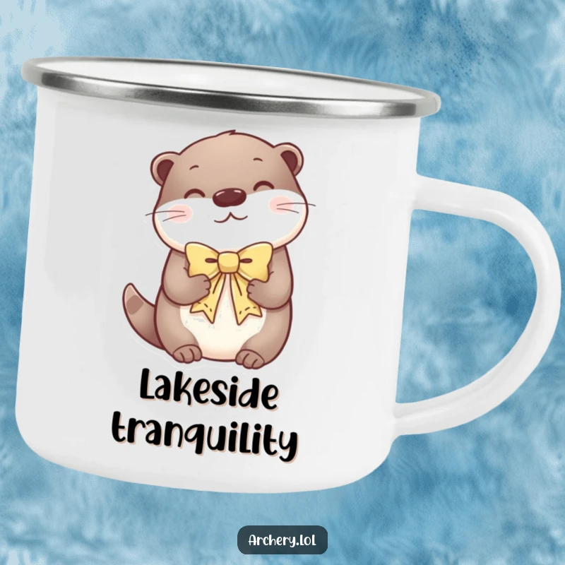 Funny camping mug showing a serene otter holding a decorative bow, perfect for peaceful outdoor moments.