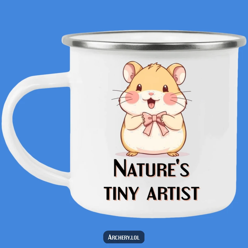 Funny Hamster Enamel Camping Mug: Beaming Artist's Tiny Bow Art Outdoors