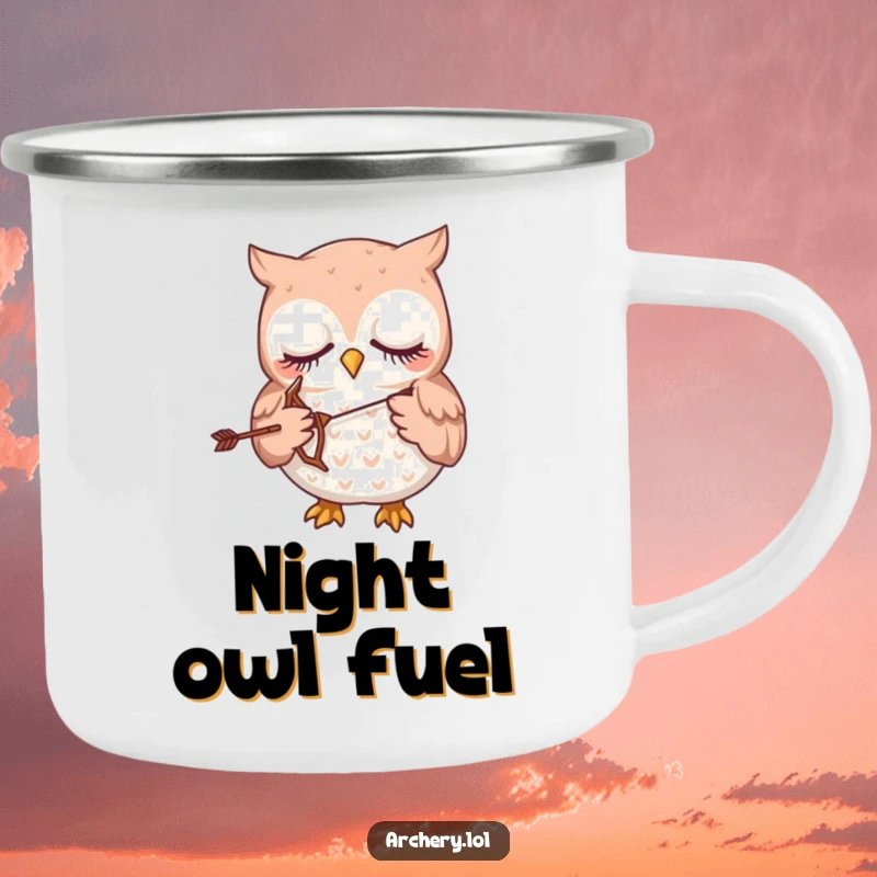 Funny camping mug with a sleepy owl gently holding a tiny bow and arrow, ready for adventure.