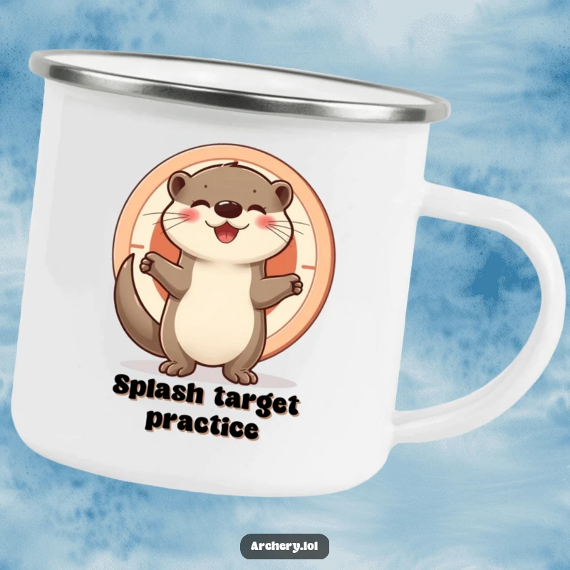 Funny otter camping mug, a joyful otter stands proudly by a target, symbolizing happy outdoor achievements and warm drinks.
