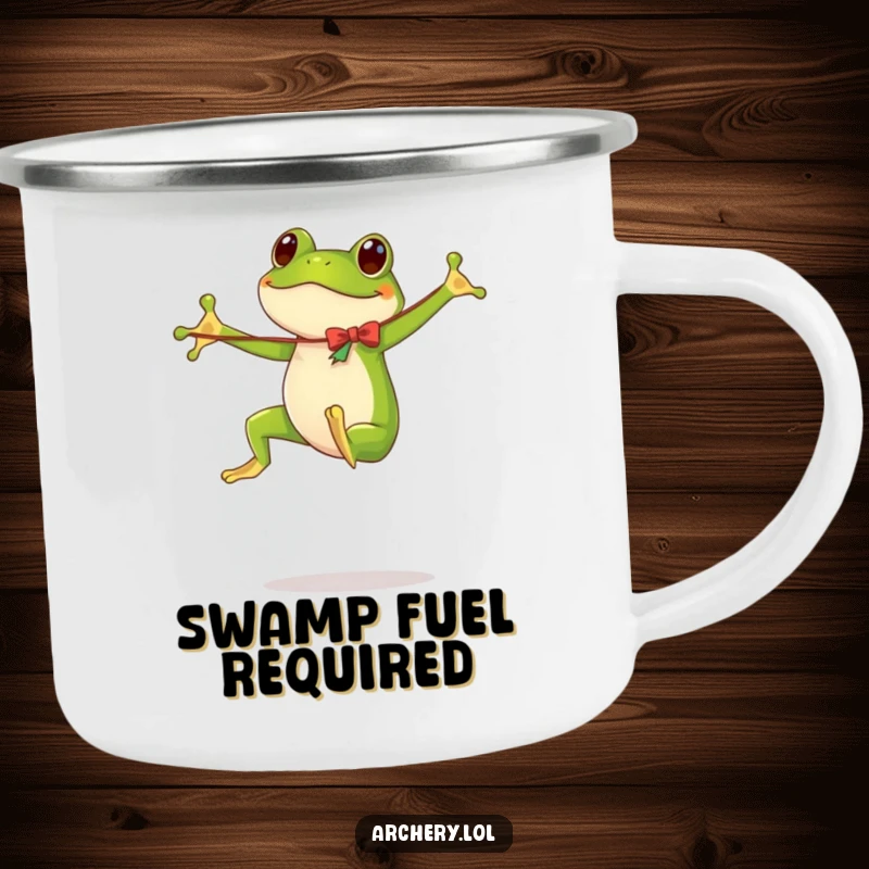 Funny camping mug with a cheerful frog energetically bouncing, holding a flimsy bow.