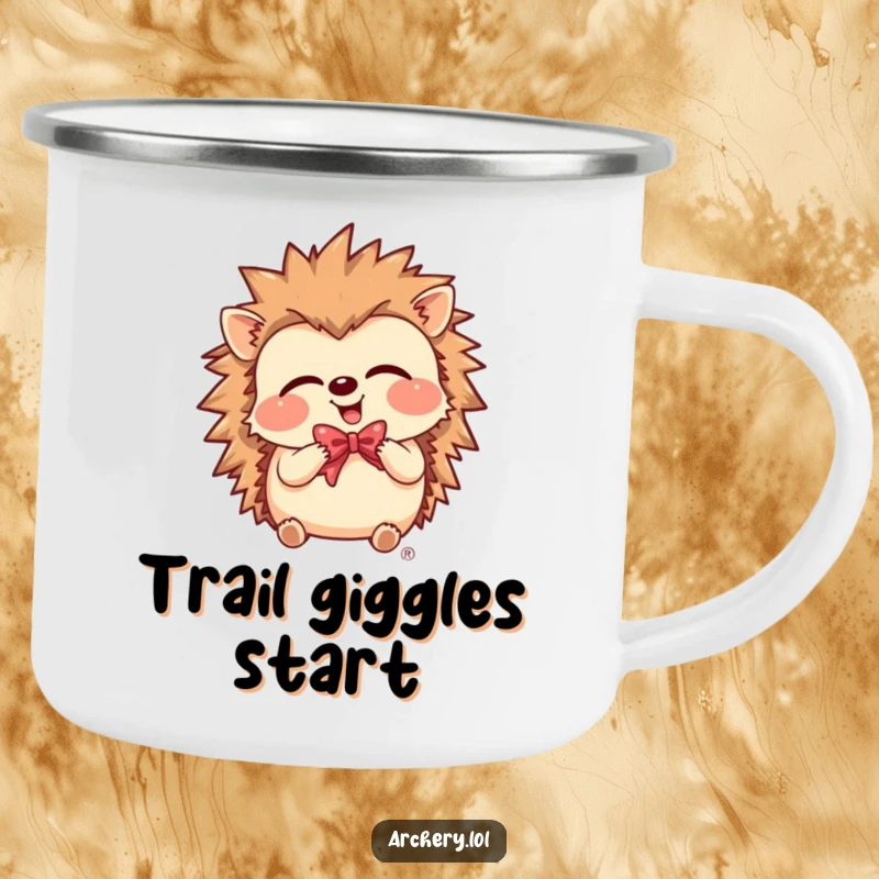 Funny Camping Mug with a giggling hedgehog holding a bow, ready for outdoor fun and giggles.