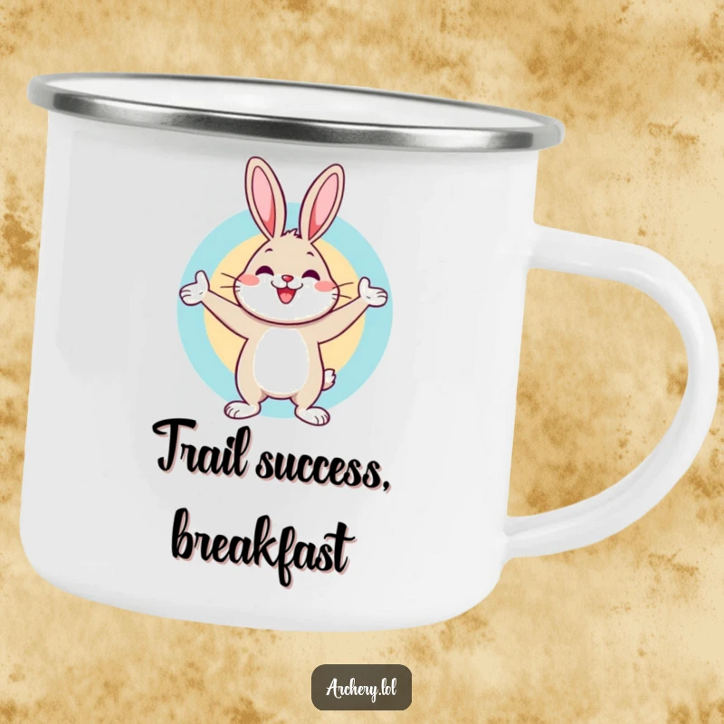Funny camping mug with a cheerful rabbit celebrating a bullseye hit, perfect for outdoor drinks with a humorous, victorious archery design.