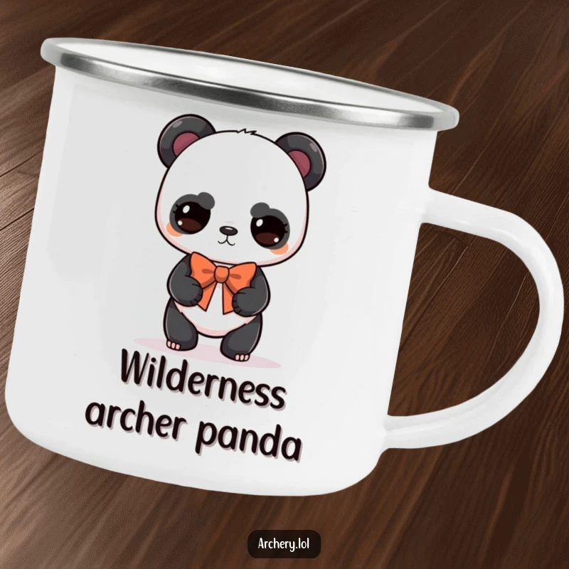 Funny panda archer camping mug with a serious but cute panda balancing a bow, durable and humorous gift.