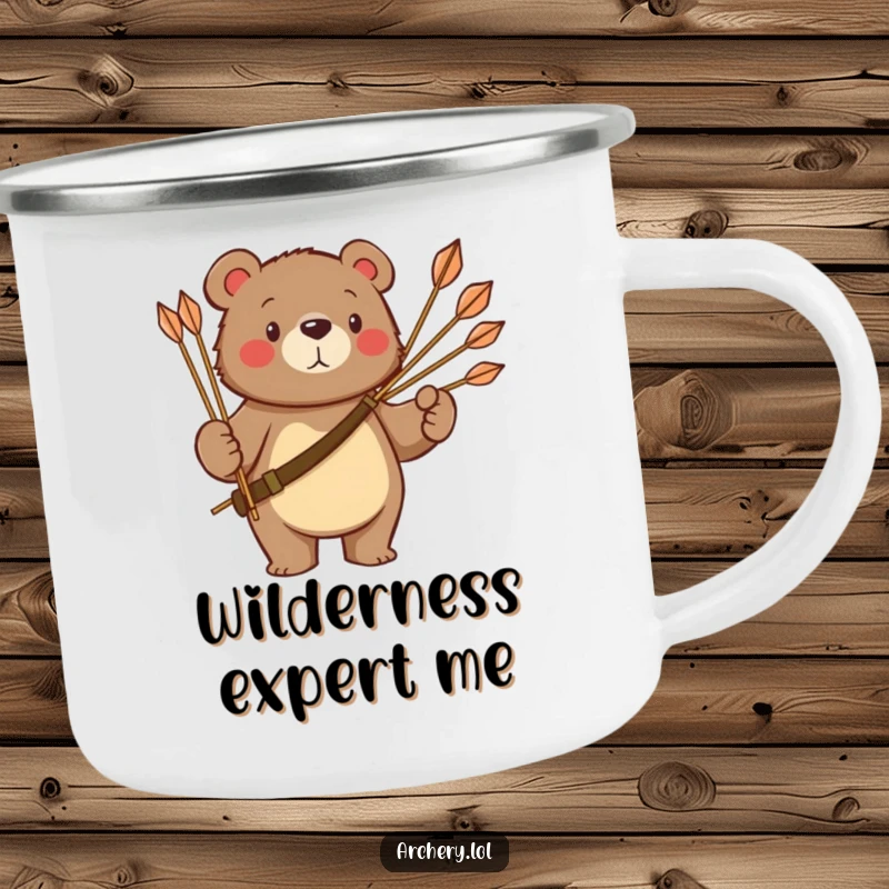 Funny bear camping mug with a proud bear holding a quiver of arrows, designed for adventurers and nature lovers.