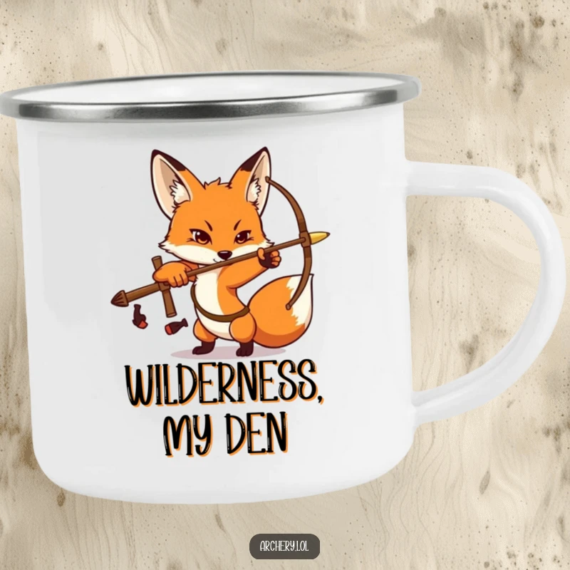 Funny Fox Archer Camping Mug: A determined fox strikes an archery pose, perfect for enjoying drinks in nature.