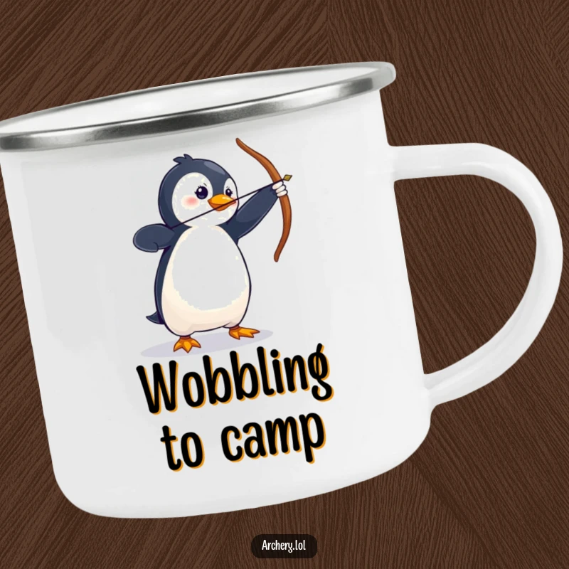 Funny Camping Mug with a wobbly penguin in a dramatic archery stance, ready for any adventure.