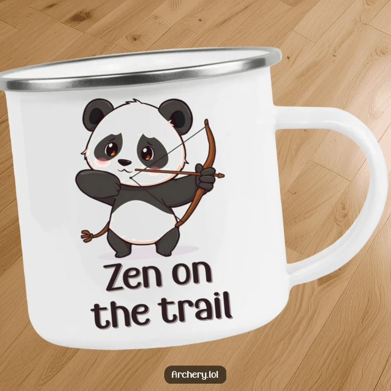 Funny camping mug featuring a determined panda drawing its bow with a focused gaze, perfect for outdoor focus.