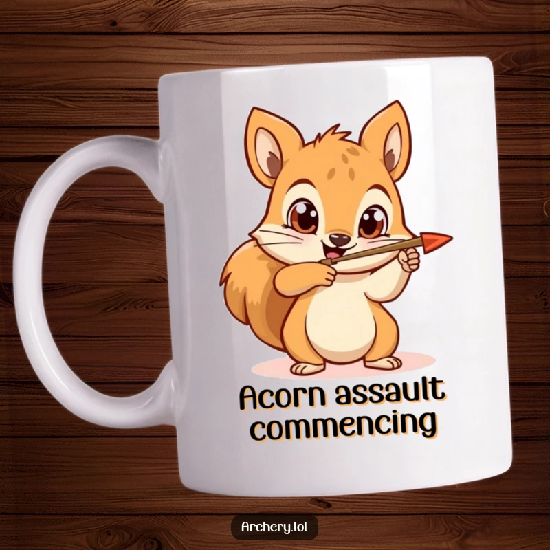 Funny squirrel archer mug featuring a happy squirrel aiming an arrow with wide, determined eyes, ideal for gift-givers.