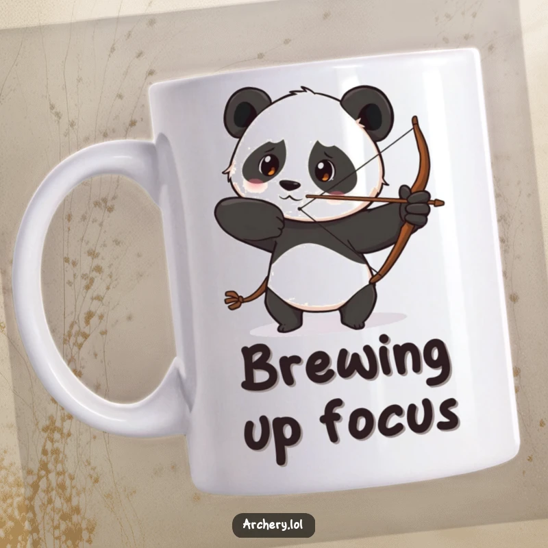 Funny mug showing a determined panda drawing its bow with a focused gaze, embodying quiet strength and humorous resolve.