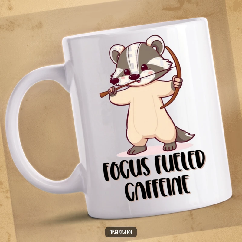 Funny badger mug showing a determined badger standing tall, bow drawn and ready, exuding fierce archery focus.