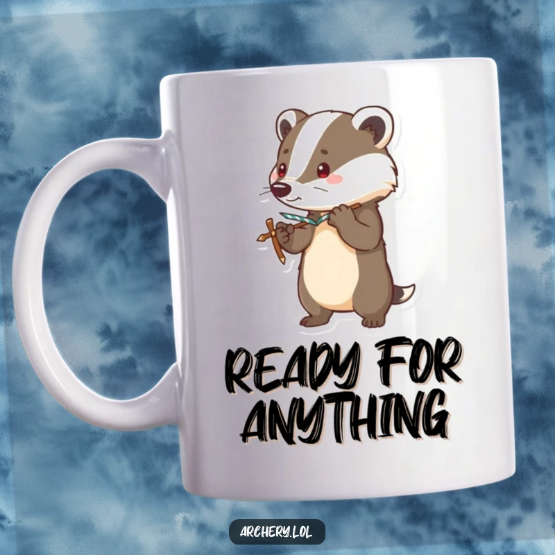 Funny mug featuring a brave badger standing alert with a bow drawn taut, exuding fierce but humorous readiness.