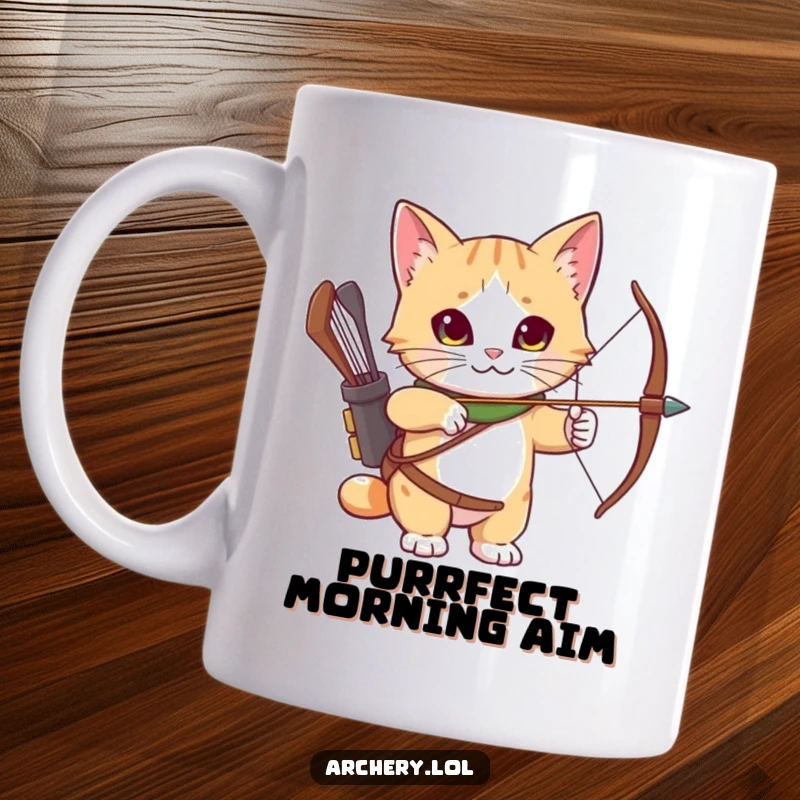 Funny Mug: A curious cat wearing an archery quiver, looking intently and ready to take its shot.