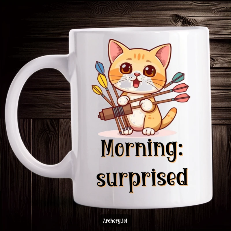 Funny mug featuring a surprised cat peeking from behind a quiver of colorful arrows, wide-eyed and full of wonder.