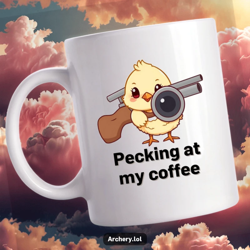 Funny mug with a curious chick peeking from behind an arrow quiver, showcasing a cute and humorous archery enthusiast.
