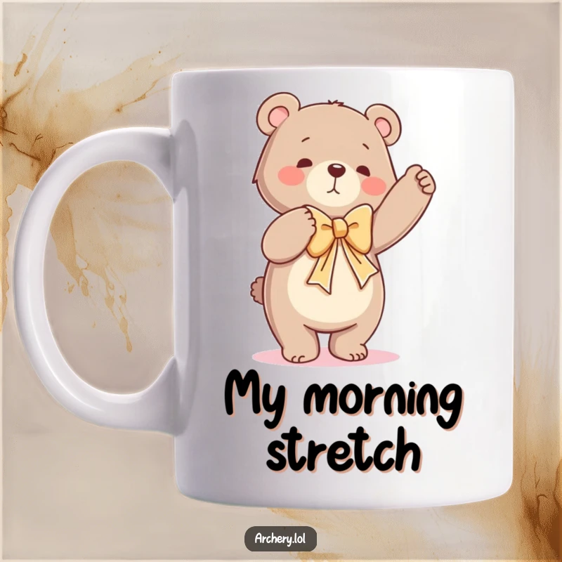 Funny mug of a dancing bear straining to draw a massive bow, showcasing its comical exertion and a funny workout.