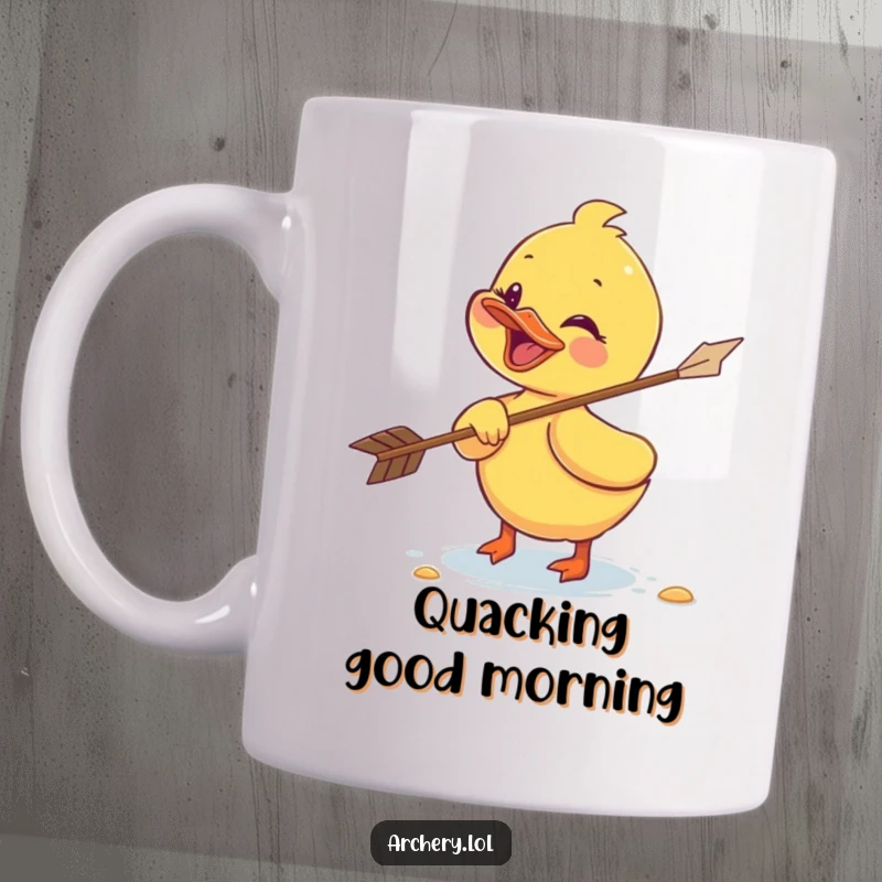 Funny duckling mug with a giggling expression, humorously retrieving a flying arrow mid-air, showcasing playful archery antics.