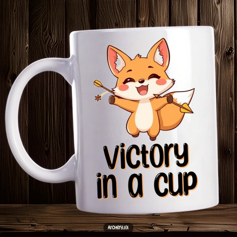 Funny fox archer mug showing a triumphant fox releasing an arrow, a perfect humorous gift.