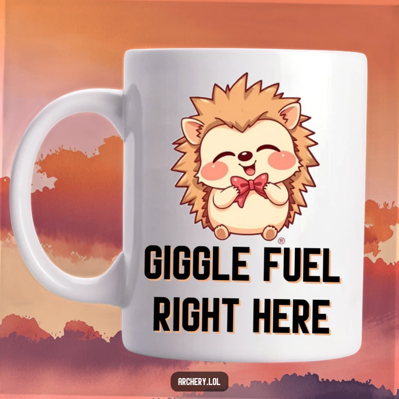 Funny Mug featuring a giggling hedgehog adorning a bow, radiating pure joy and mischief.