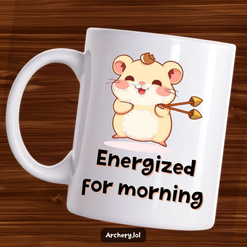 Funny hamster mug with a happy, determined expression shooting a tiny arrow, showcasing miniature archery prowess.