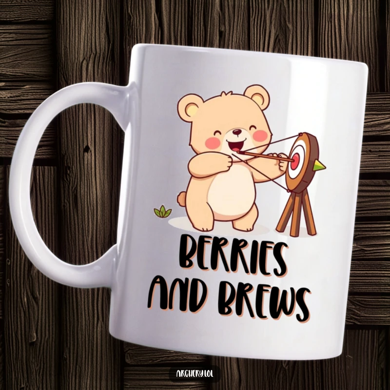 Funny happy bear mug, aiming an arrow at a target with a cheerful expression, trying its best.