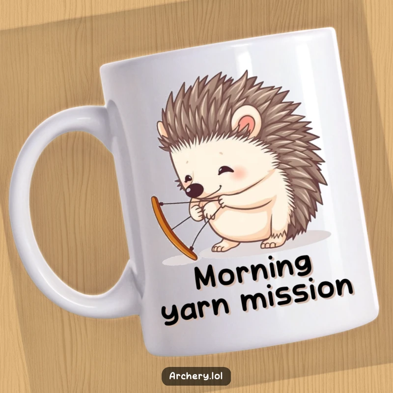 Funny mug with a curious hedgehog intently trying to string a miniature bow, showcasing its funny, meticulous effort.