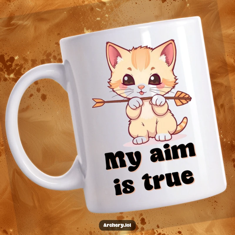 Funny Kitten Archer Mug: A mischievous kitten playfully bats at an arrow, a hilarious moment captured for cat enthusiasts.
