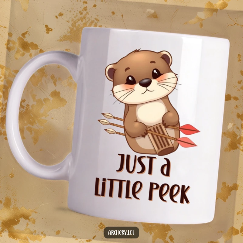 Funny Mug featuring a curious otter peeking from behind an arrow quiver, ready for a mystical archery quest.