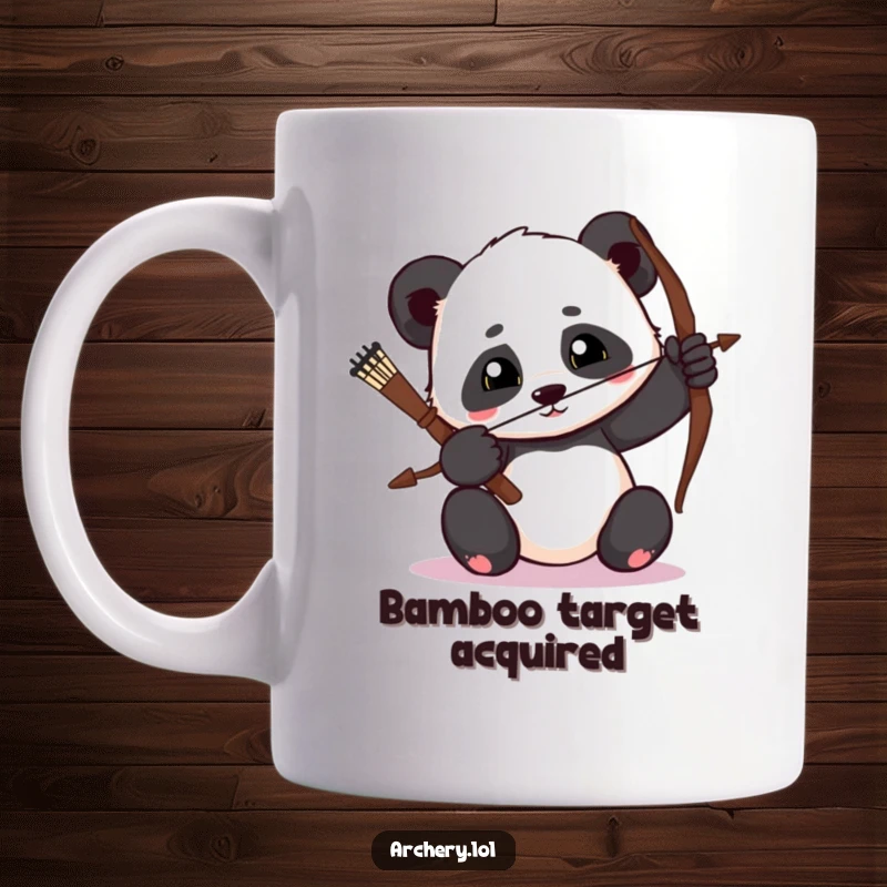 Funny Panda Archer Mug: A determined panda with a focused gaze is drawing its bow, ready to strike with humor.