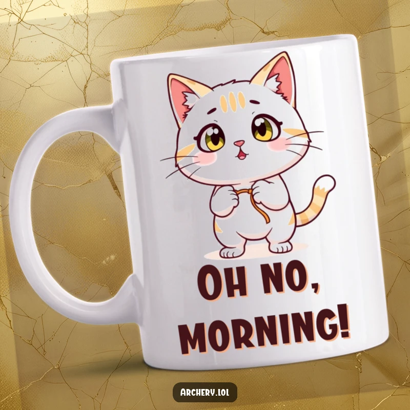 Funny Surprised Cat Archer Mug: A shocked cat with wide eyes pulls back a bowstring, looking startled.