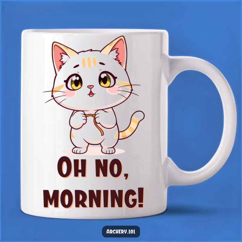 Funny Surprised Cat Archer Mug: Wide-Eyed Feline Aiming Bow, Perfect Gift