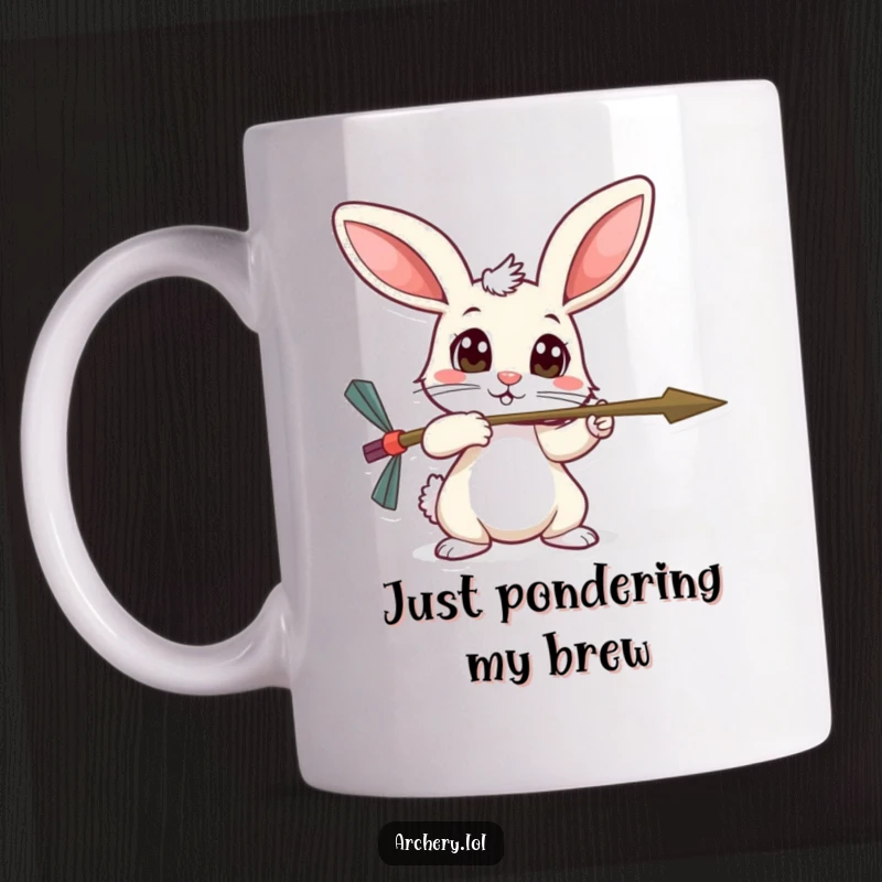Funny timid rabbit mug, wide curious eyes, carefully aiming an arrow, showing gentle bravery for gift.