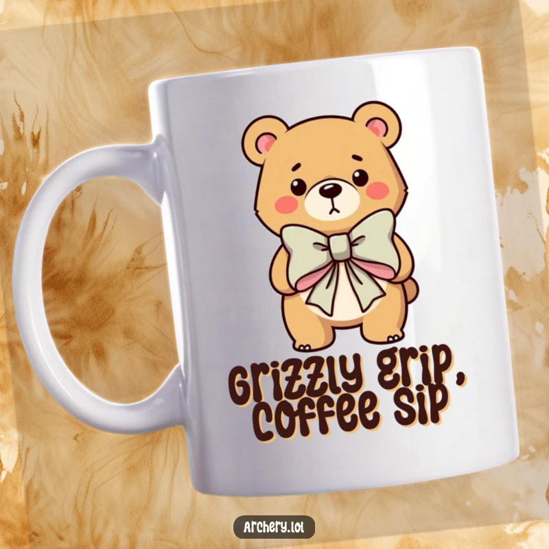 Funny mug with a determined bear character aiming a large bow and arrow, showcasing a focus on the target with a humorous twist.