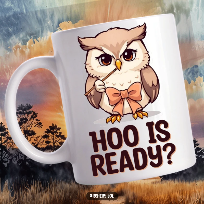 Funny owl archer mug showing intense focus while drawing a bow, perfect for gift-givers seeking a humorous bird-themed present.
