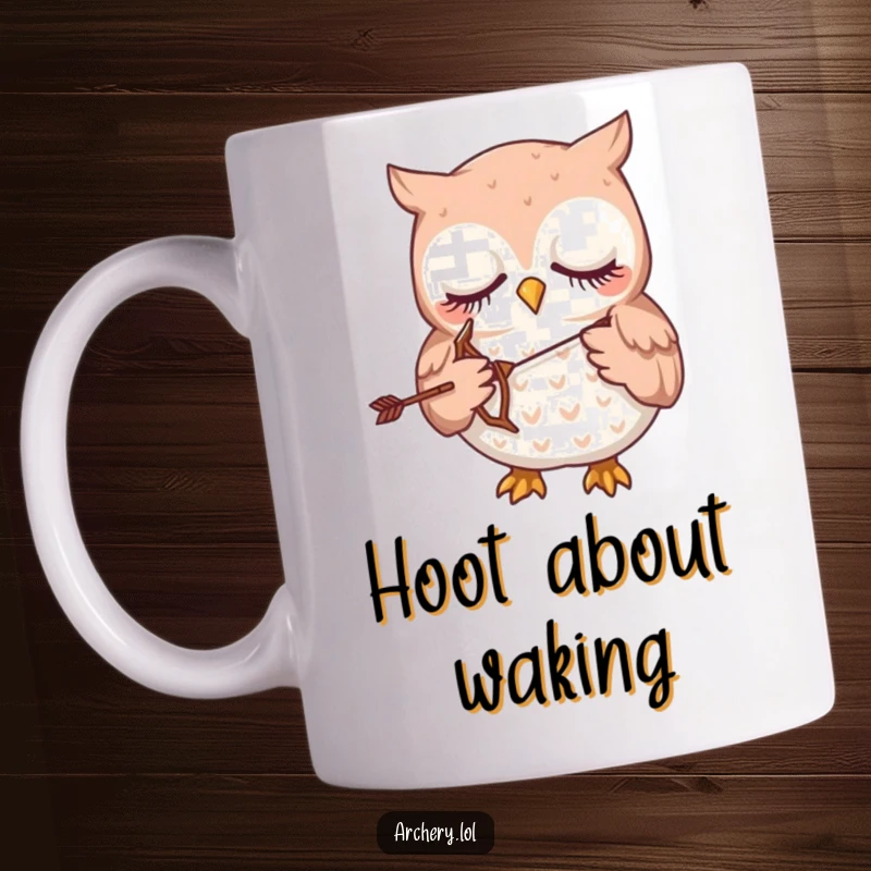 Funny mug illustration of a very sleepy owl, holding a tiny bow and arrow with gentle care.