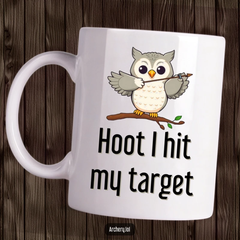 Funny Mug: A joyful owl perched perfectly, expertly aiming an arrow with incredible accuracy, ready to strike.