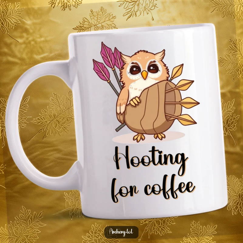 Funny giggling owl mug with a mischievous owl peeking from a quiver of arrows, a humorous gift idea.