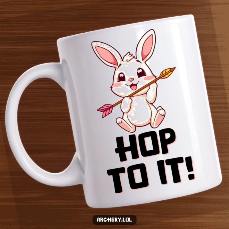 Funny bunny archer mug with bright, eager eyes nocking an arrow, perfect for a humorous gift.