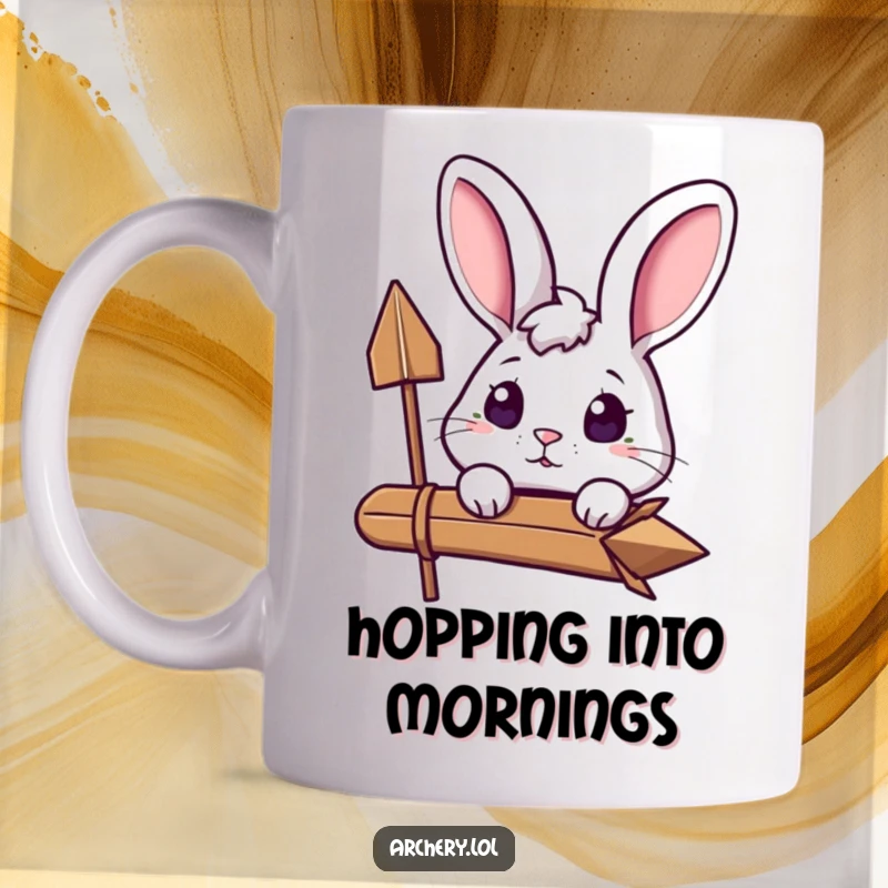Funny Curious Rabbit Archer Mug: An excited rabbit peeks over its arrow, full of anticipation and curiosity.