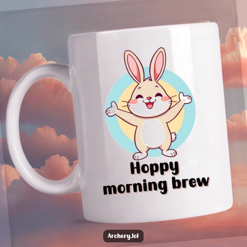Funny mug showing a cheerful rabbit jumping for joy next to a target with a bullseye, celebrating a perfect archery hit.
