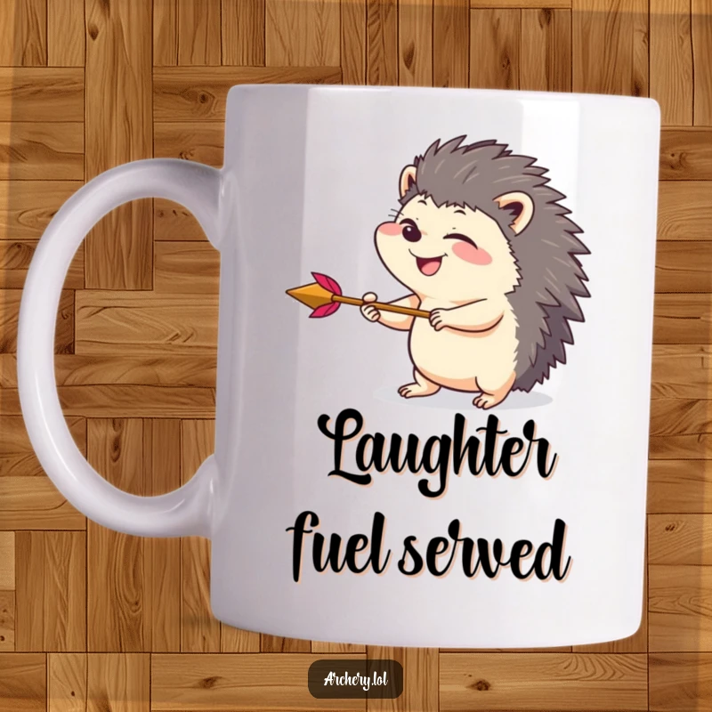 Funny mug featuring a giggling hedgehog drawing back an arrow with playful intensity, radiating mischievous fun and focus.